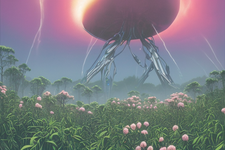 matte painting, gigantic huge evangelion - like giant robot covered with flowers, a lot of exotic vegetation, trees, flowers, tall grass, pastel dull colors, staying in the foggy huge dark night forest covered with web and cotton and a lot of glow - worms, by moebius, hyperrealism, intricate detailed, risograph