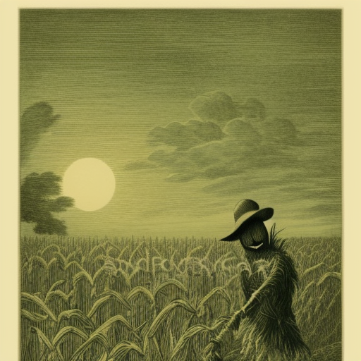 Scarecrow in a field of corn at night Engraving