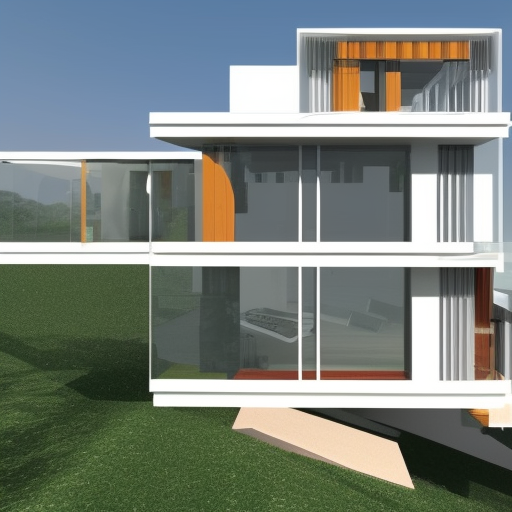  architecture project with two floors, futuristic architecture, Le Corbusier, glass windows on the top, bottom with balcony and wooden doors with glass, garage, garden, roof with solar panels,
