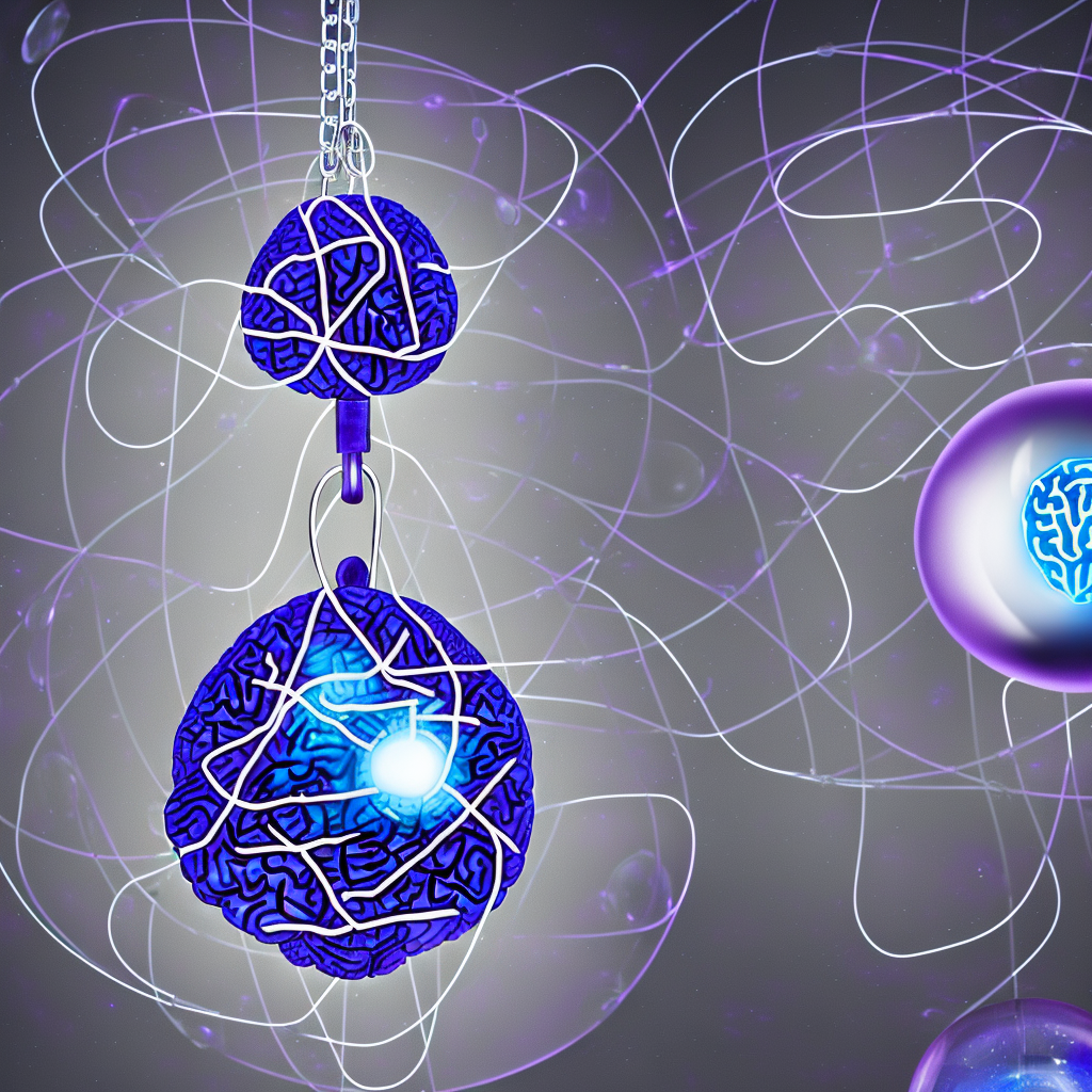 The image shows a person's brain, locked up inside a virtual universe. The brain is depicted as a glowing blue orb, suspended inside a large bubble made of shimmering purple and blue hues. The bubble is tethered to the ground by a heavy chain, which is wrapped tightly around the brain and secured with a large padlock.

