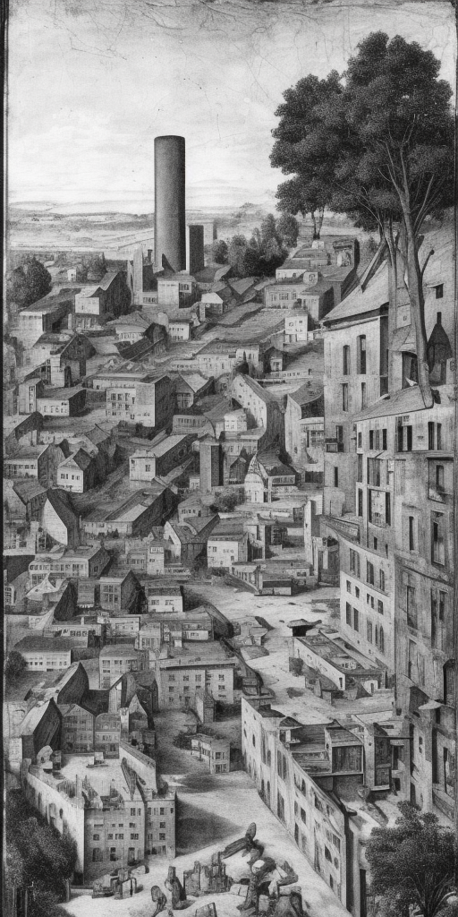 A black and white renaissance painting of a factory in Wuppertal, a very close-up shot. It's a clear and bright day. In the center of the picture, a brick chimney rises up, dominating the upper half of the image. In the background, behind the industrial building, there is a tree. Actually, everything except for the chimney is in a deep, dark shadow. The chimney, on the other hand, as the tallest object, rises phallically and reaches out to the sunlight as if it were a tree turning towards its source of nourishment. The other tree, which is not just like a tree, but a real tree, is only a dark outline. Would it be a bit too overblown if I were to say: Here, the human work of capitalism rises above natural creativity, showing its strength and pride, without realizing that its downfall is already embedded in this outstanding pride? Or is a chimney sometimes just a chimney?