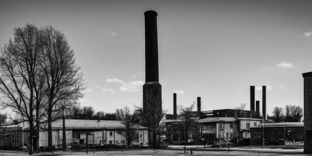 A black and white artstation of a factory in Wuppertal, a very close-up shot. It's a clear and bright day. In the center of the picture, a brick chimney rises up, dominating the upper half of the image. In the background, behind the industrial building, there is a tree. Actually, everything except for the chimney is in a deep, dark shadow. The chimney, on the other hand, as the tallest object, rises phallically and reaches out to the sunlight as if it were a tree turning towards its source of nourishment. The other tree, which is not just like a tree, but a real tree, is only a dark outline. Would it be a bit too overblown if I were to say: Here, the human work of capitalism rises above natural creativity, showing its strength and pride, without realizing that its downfall is already embedded in this outstanding pride? Or is a chimney sometimes just a chimney?