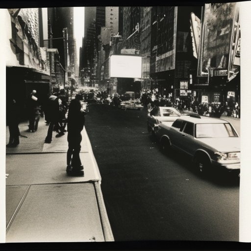 wide-shot very low-angle eyesight photo of a banana at the street in New York, polaroid photo, by Andy Warhol, signed