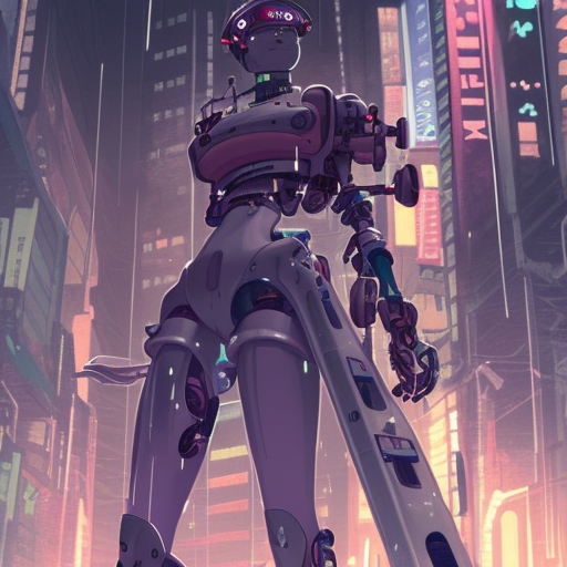 mechanical android cyborg in crowded urban dystopia raining makoto shinkai