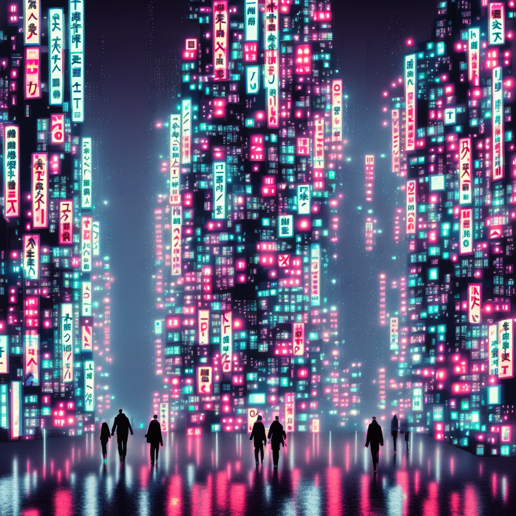 Japan    neon-lit night rain cityscape in the style of blade runner movie  + flying cars by peugeot +  brand people walking wearing leaser jackets  digital art high resolution detailed
