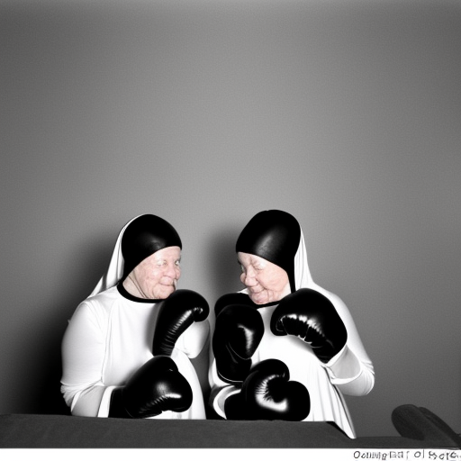 Two nuns, order of St Francis OSF, wearing maroon boxing gloves,dimly lit room, no deformed fingers, no deforme
