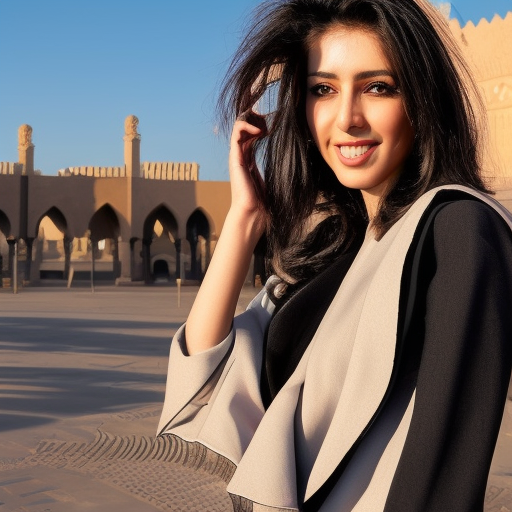 (beautiful arabic woman), (beautiful city), (sky background), (plaza), (midday), (open black coat:2.0), (knee-length coat:2.0), (black shirt:2.0), (thick wavy lustrous shoulder-length black hair:4.0), (high volume of hair:2.0), (big beautiful eyes), (high-bridged nose), (aquiline nose), (thin nose), (full lips), (black cloth pants:2.0), (knee-high boots:2.5), (full height:2.0), (full body), (sun in her face), (sundrenched), (volumetric lighting), (dramatic lighting)