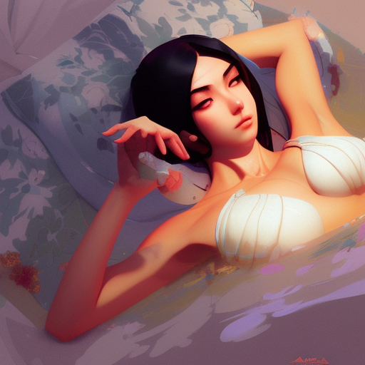 odalisque in pools of low light, lying on her back with her head slightly hanging off edge of the bed, by guweiz and vargas and wlop and ilya kuvshinov and artgerm and, aesthetic, gorgeous, stunning, alluring, attractive,
