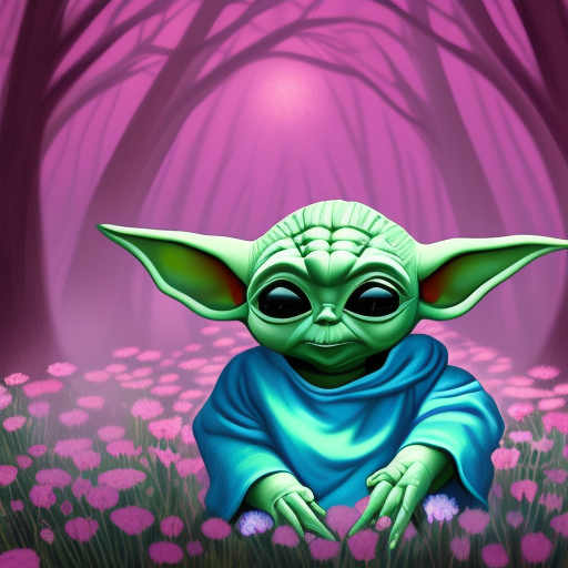 baby yoda surrounded by teal, pink and purple luminous flowers, in forest, at night, warm lighting, digital art, trending on artstation, HDR
