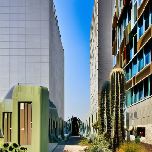 midday, sunny, hot, sci-fi urban landscape, beautiful modern architecture, clean, space-age, window shades, green windows, beige, sand color, warm colors, outskirts, city edge, beautiful vista, vast expanse, cacti, sage, concrete paths, blue sky, cirrus, happy, tranquil, mysterious, photorealistic, hyperrealistic, best quality, masterpiece