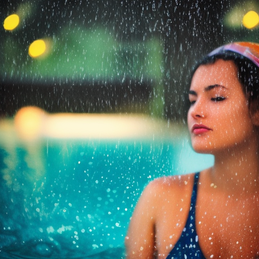 Beatyfull girl in swimming pool under the rain ultra-realistic portrait cinematic lighting 80mm lens, 8k, photography bokeh