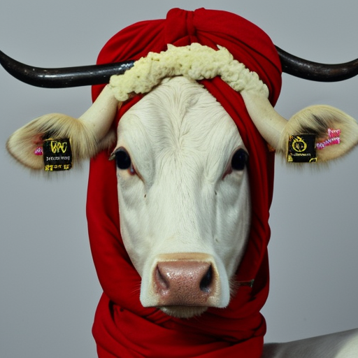 cow this red turban on meddow