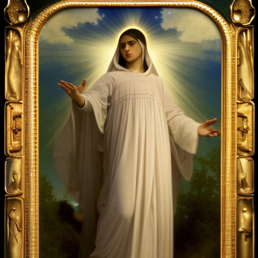 Painting of our Lady of Fatima. Art by William Adolphe Bouguereau,, Art by William Adolphe Bouguereau,, by Annie Swynnerton and Tino Rodriguez and Maxfield Parrish, elaborately costumed, rich color, dramatic cinematic lighting, extremely detailed, radiating atomic neon corals, concept art pascal blanche dramatic studio lighting 8k wide angle shallow depth of field, Art by William Adolphe Bouguereau, extreme detailed and hyperrealistic