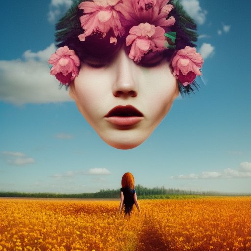 girl with a flower for a head, surreal photography, dream, standing in flower field, magical, in a valley, sunrise dramatic light, impressionist painting, colorful clouds, artstation, simon stalenhag, flower face