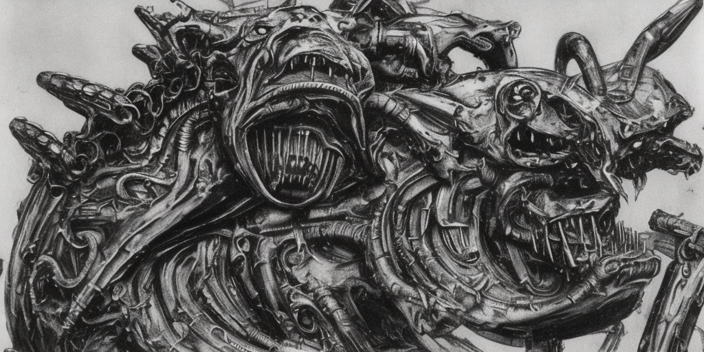 a H.R. Giger of First thought: Cerberus, this could be a good dog, a dog that is sometimes a bit much, but a good dog, that could be him. Second thought: damned tanks, damned sword, damned war culture – all the shit that forces me to run around fully armored. Third thought: ZERRRRBERUS is one, as I am, one of the youngsters who had a sword pressed into their hands without being asked. Thought gap: Breath Fourth thought: OOOO ZERRREBERUSSS, the great Hades, who is basically the same as us, only appears big and strong on the outside. Thought gap: Schnauf, Schnauf Fifth thought: Let's be honest: He doesn't appear like that anymore, he lets himself appear, uses as figures who, without having to show himself, play his stronger, greatness. Sechter thought: Oh Cerberus, the life of another, that's what our lives have in common. 