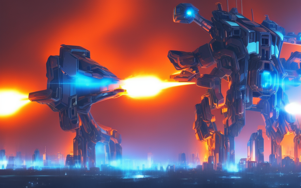 very realistic large battle mech firing missiles, tall futuristic city, second mech exploding and on fire with blue panels  

