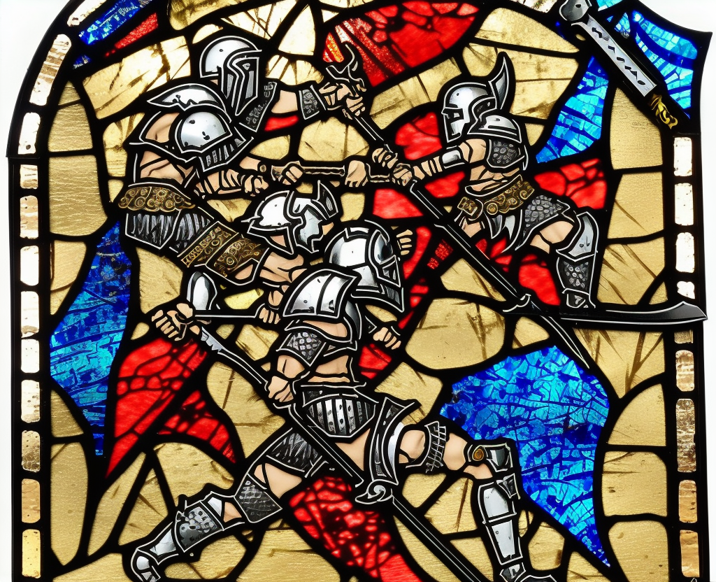 dark medieval, duel of evil gladiator and good gladiator, triumphant young evil gladiator defeating good gladiator with sword and shield, Warhammer fantasy, intricate stained glass, black and red, gold and blue, grim-dark, gritty
