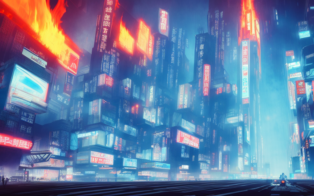realistic blade runner tower city on fire, flying vehicles, neon japanese billboards, blue cloudy sky

