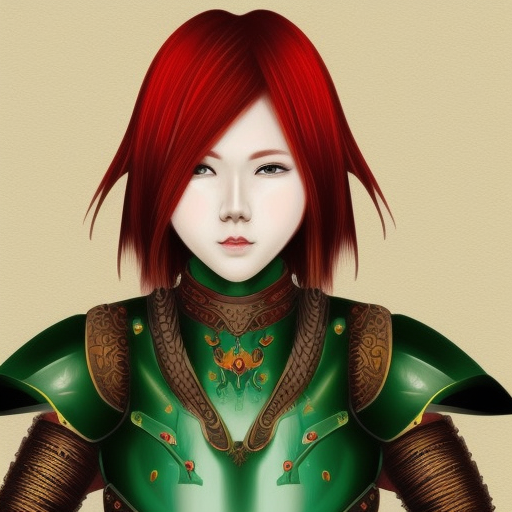 ultra realistic illustration asian red head with green eyes medieval armour