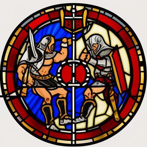 dark medieval, duel of two gladiators, triumphant young evil gladiator defeating good gladiator with sword and shield, evil, Warhammer fantasy, stained glass, black and red, gold and blue, grim-dark, gritty