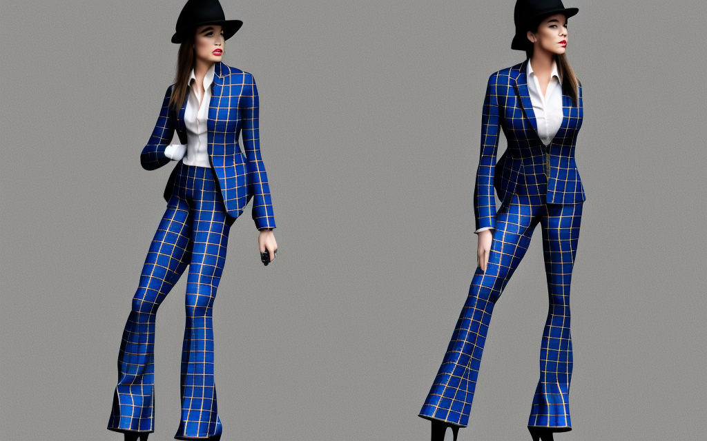 very realistic full body and portrait female fashion model dressed in blue plaid suit with flares, black hat, black stilettos
