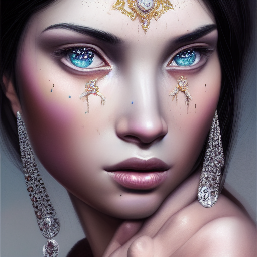 a beautiful portrait of a diamond goddess with glittering skin, a detailed painting by greg rutkowski and raymond swanland, behance contest winner, photorealism, behance hd, daz 3 d, zbrush, perfect face