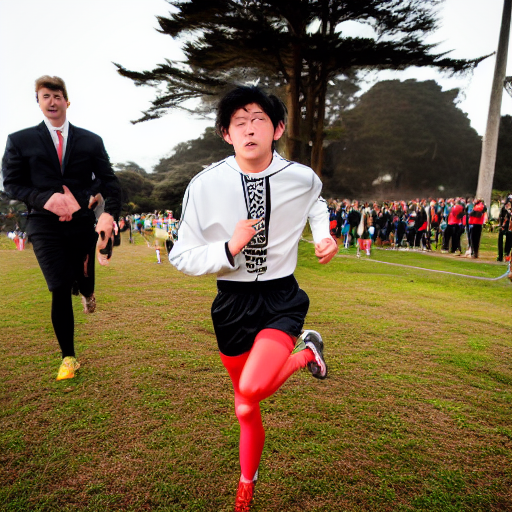 A teenager with a tiger mask wearing a suit jacket and running shorts racing at golden gate park cross country