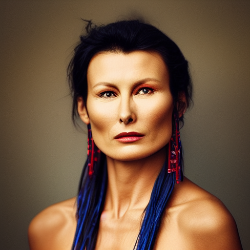 Bridget Moynahan portrait photo of a asia old warrior chief, tribal panther make up, blue on red, side profile, looking away, serious eyes, 50mm portrait photography, hard rim lighting