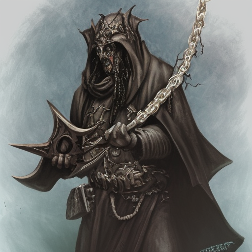 cultist dark sorcerer of Belakor with chained book, shadow magic, Warhammer fantasy, creepy, grim-dark, gritty, realistic, illustration, high definition