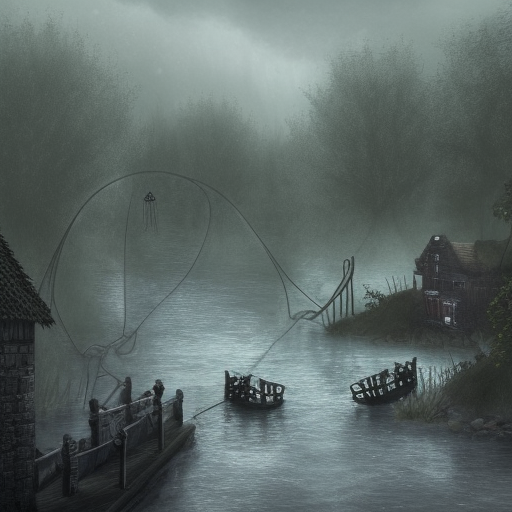 dark medieval wide river, river lock with two sluices between island and shore, two water levels, Warhammer fantasy, single building, summer, trees, fishing, nets, black adder, misty, overcast, Dark, creepy, grim-dark, gritty, Yuri Hill, hyperdetailed, realistic, illustration, high definition