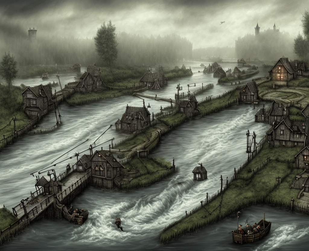 dark medieval wide river, rocky rapids, river lock with two sluices between island and shore, two water levels, Warhammer fantasy, house, summer, trees, fishing, nets, black adder, misty, overcast, Dark, creepy, grim-dark, gritty, hyperdetailed, realistic, illustration, high definition