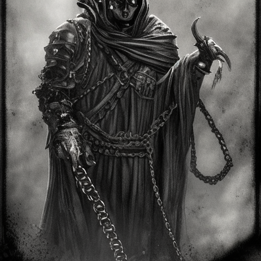 sorcerer of Belakor in black hood in medieval dark alley, evil book, belt made from chains, soot-covered face, big black nails in flesh, black shadow magic, Warhammer fantasy, creepy, grim-dark, gritty, realistic, illustration, high definition