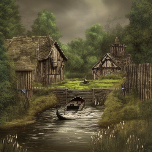 Dark medieval river lock with two sluices on wide rocky river, lock gates, one house, Warhammer fantasy, summer, bushes, trees, nets, fishing, fish, water-lily, boat, poor, black adder, muddy, puddles, misty, overcast, Dark, creepy, grim-dark, gritty, detailed, realistic, illustration, high definition