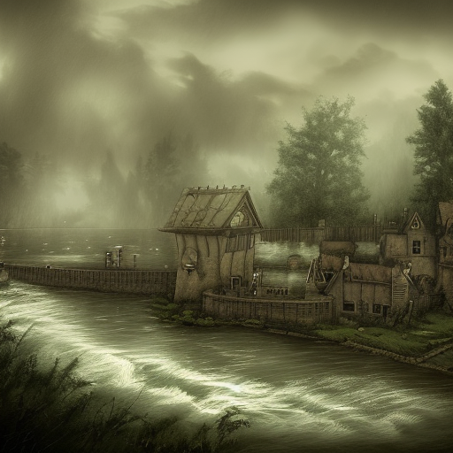 dark medieval, river lock with sluice on a wide rapid river, different water levels, Warhammer fantasy, one building, summer, trees, fishing, nets, misty, overcast, Dark, creepy, grim-dark, gritty, Yuri Hill, hyperdetailed, realistic, illustration, high definition
