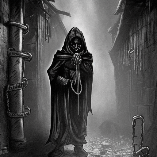 cultist of Belakor in black hood holding book in medieval dark alley, belt made from chains, soot-covered face, big black nails in flesh, black shadow magic, Warhammer fantasy, creepy, grim-dark, Yuri Hill, gritty, realistic, illustration, high definition