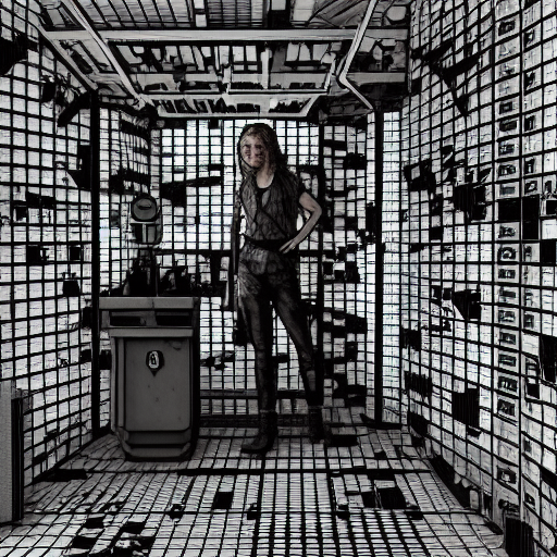 sadie sink as a miner inside a minimalist steampunk automated kiosk room considers food options to choose from. black tiles on walls, bright foods displayed on a wall. wide angle lens. black and white, pencil and ink. scifi cyberpunk. by gabriel hardman, joe alves, chris bonura. cinematic atmosphere, detailed and intricate, perfect anatomy, hq realistic