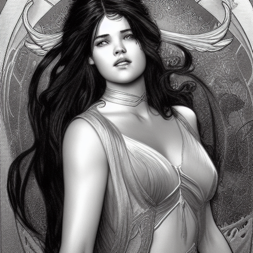 young adult phoebe cates as lucifer morningstar, long blond hair, natural lighting, path traced, highly detailed, high quality, digital painting, by gaston bussiere, craig mullins, alphonse mucha j. c. leyendecker black and white pencil illustration high quality