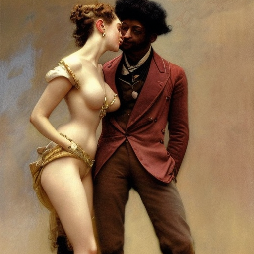 attractive 2 1 savage shirtless but wearing pants flirting with his attractive mistress. the mistress is also flirting back, the mistress is also wearing pants highly detailed painting by gaston bussiere, craig mullins, j. c. leyendecker