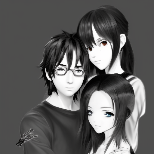 anime couple ,  neon black and white, art by ,  artgerm, in the style of Anime Black White,  Ghibli,  natural lighting, blue eyes brown hair boy and brown hair brown eyes girl,  HDR 4k complex picture ultra realistic Unreal Engine highly detailed