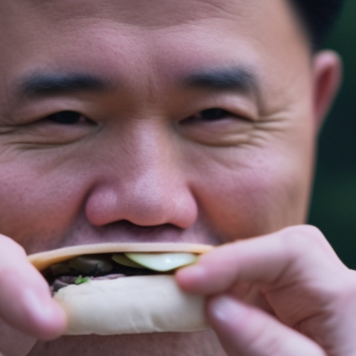  ultra-realistic portrait cinematic lighting 80mm lens, 8k, photography bokeh kim jong-un eating a burger
