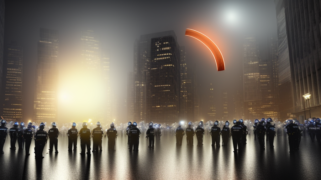 policemen protecting a huge spiral - shaped bright luminous object right in the center of the city from protesting people,, rain and light fog, professional lighting, concept art in 3 d, high detail, professional lighting