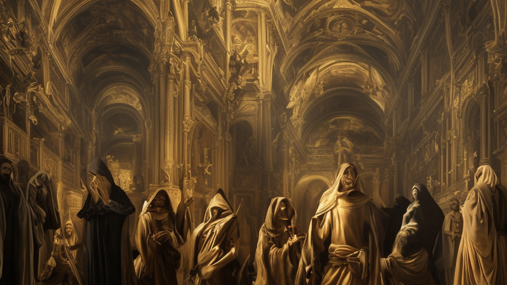 beautiful oil matte portrait painting, black plague and the grim reaper inside a baroque cathedral, wonderful masterpiece highly detailed, beautiful cinematic light deep focus, elegant, digital painting, smooth, sharp focus, golden ratio, dramatic illumination, ultra realistic, 8 k, art by salvator rosa