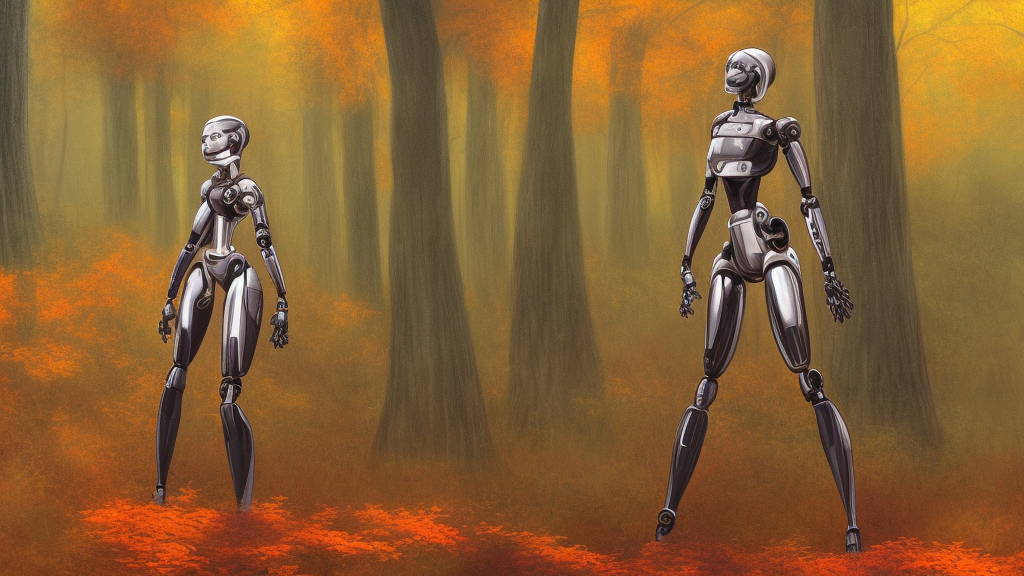 a beautiful illustration of a female robot in the forest near a mecha, autumn, golden hour, moebius, cinematic