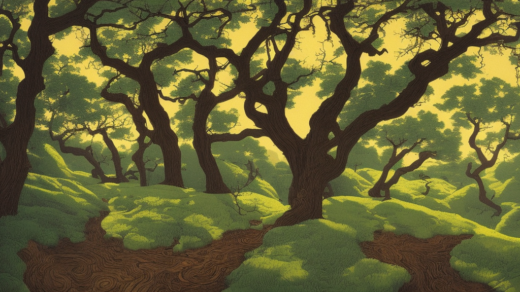 masterpiece painting of oak trees on a hillside overlooking a creek, dramatic lighting, by victo ngai