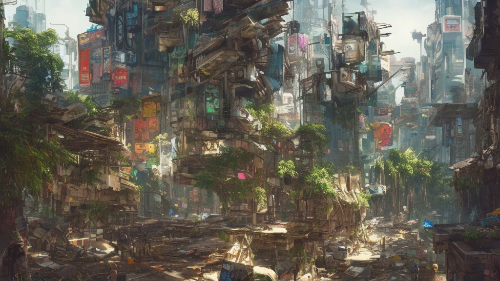 a cyberpunk city in ruins, jungle plants overgrowing the streets and buildings, cats run through the ruins, drinking from pools of water and climbing on old fallen signs, by artgerm and amano and rutkowski and kincaid, trending on artstation