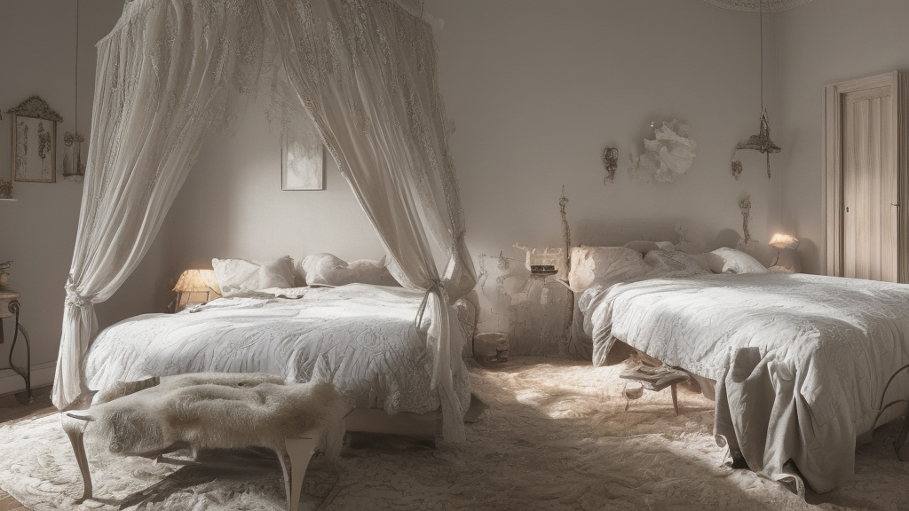 a cozy bedroom decorated by Bosch, detailed, high resolution, wow!, intricate