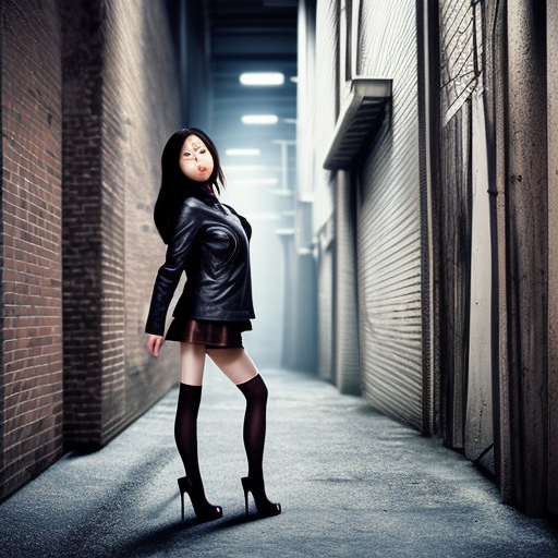 perfect, realistic oil painting of japanese girl posing, in leather jacket, miniskirt, pantyhose and high heels, in sci-fi dystopian alleyway, by an American professional senior artist, Hollywood concept, dynamic composition and motion, postproduction.