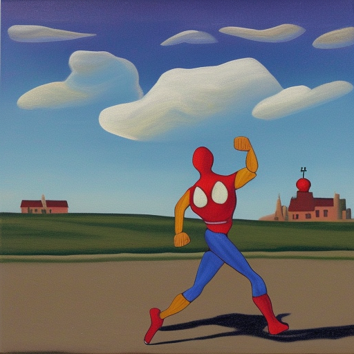 STRENGTH. MOTION. TREATMENT.

In the foreground is a running man, no face, no shoes...

In the background, a landscape with a very low horizon, with two houses and a sword that rests on a hemisphere and an orthodox cross. The sky is dusky with weightless clouds.

The third plane of the painting is represented by multicolored stripes of red, black, green, white and yellow, this is the basis on which the world presented in the picture is located.

A combination of red, white, and black dominates