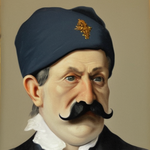 Prussian hunter, middle-aged, pointed slacot, pale face, monocle over left eye, black imperial mustache, blue robes, deep gaze, frown, hooked nose, aristocrat, fifty years old, pictured from waist up in color oil painting on canvas