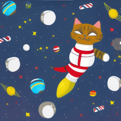 painting of astronaut cat in space, candy canes in space, candy cane asteroid belt, candy canes flying in space, cat in astronaut suit in space, cat astronaut avoiding candy cane asteroids, astronaut cat,Ap Lang Space Cat